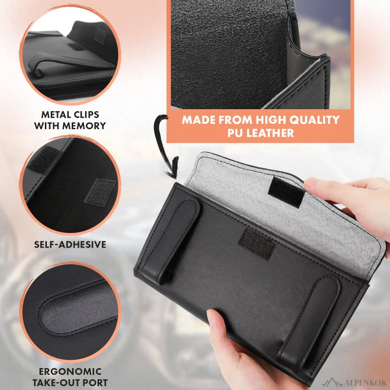 ALPENKOK Car Tissue Holder - Durable Tissue Holder in Car with Ergonomic Take-Out Port, Easy Access PU Leather Design (9.1" L x 1.5" W x 4.7" H) - Refillable Tissues Organizer Attached with Metal Clips - Image 3
